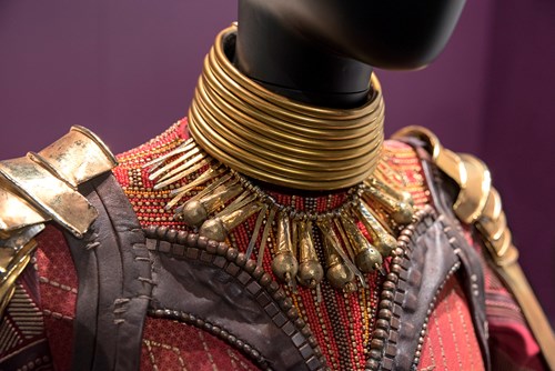 Close up on Okoye's costume at MoPOP