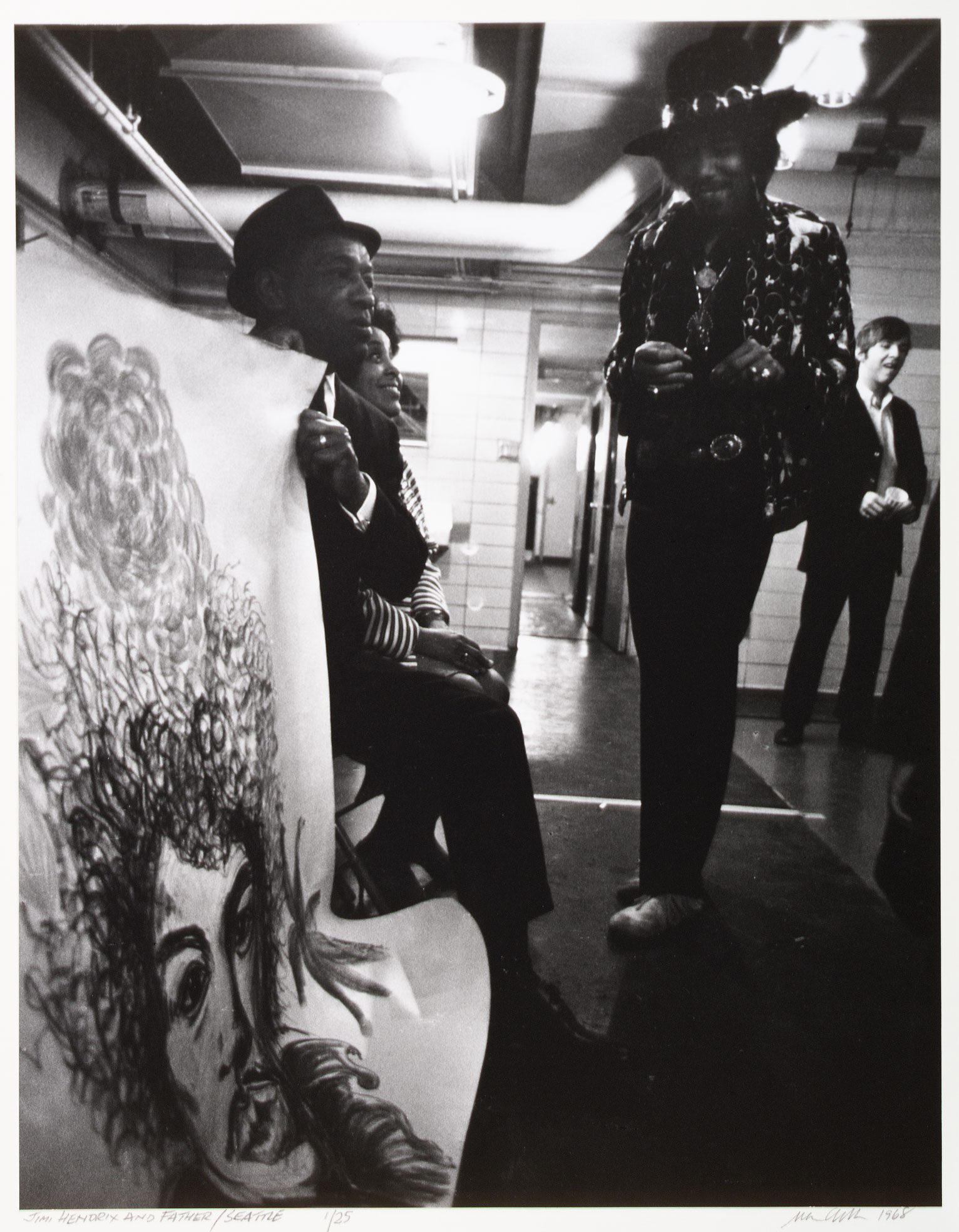 Al Hendrix and Jimi Hendrix backstage at the Seattle Center Arena, Seattle, WA, February 12, 1968. Photographer: Ulvis Alberts. MoPOP Permanent Collection